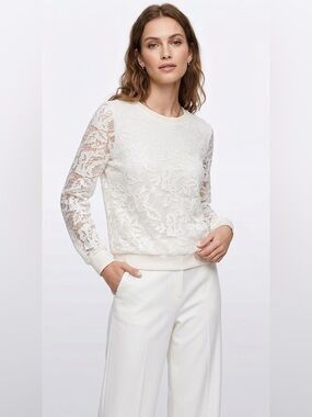 Forever 21 White Floral Lace Overlay Sweatshirt Crewneck Semi Sheer Arms Small